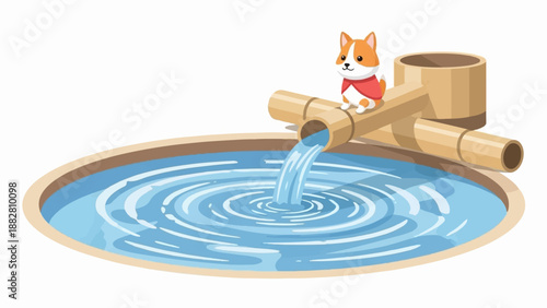 Cute cartoon corgi dog sits by a water fountain made of bamboo pouring into a pool