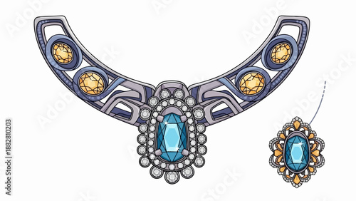 Elaborate antique necklace and earring set with blue and yellow gemstones