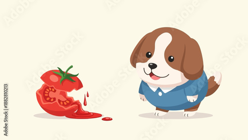Cute cartoon dog in blue shirt looks at smashed, juicy tomato