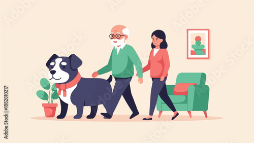 Elderly couple and dog walking indoors, cozy home scene with armchair