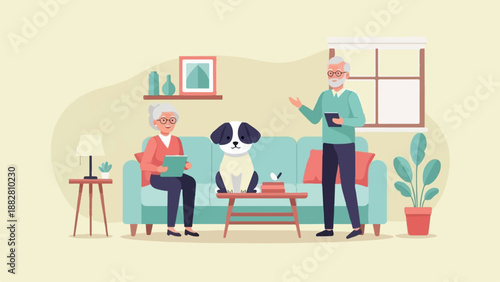 Elderly couple and dog relax in cozy living room with modern decor