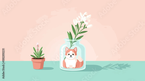 Cute cartoon dog in vase with flowers and potted plant