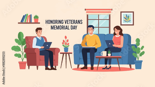 Family honoring veterans, using laptops and relaxing indoors