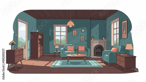 Cozy living room with fireplace, sofa, armchair, windows, and door