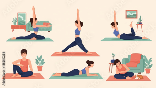 Diverse individuals practice various yoga poses at home, some with pets