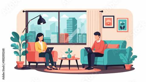 Diverse individuals work remotely, enjoying city views in a modern living space