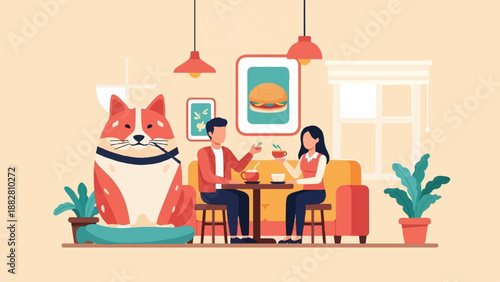 Cozy cafe scene with a large fox statue and a couple enjoying drinks