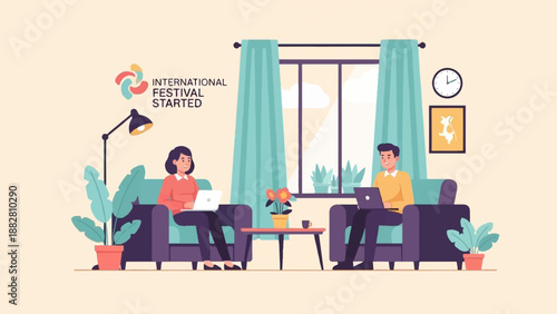 Diverse individuals work remotely in a cozy, well-lit indoor setting