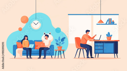 Diverse individuals working on laptops in cozy indoor settings