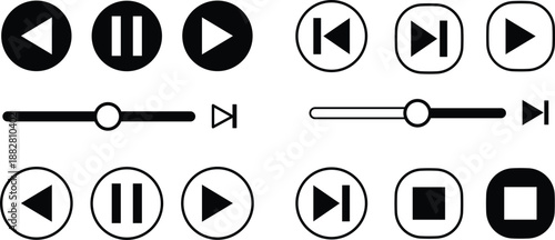 Black and white media player including play pause rewind fast forward and stop play button