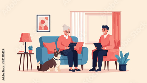Diverse people and dog in comfortable living room setting
