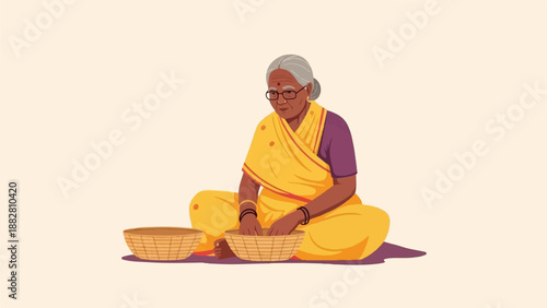 Elderly woman in yellow sari sitting cross-legged with two baskets