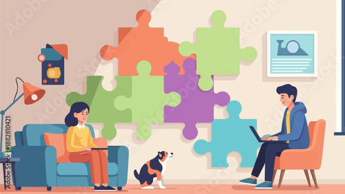 Diverse people and pet gather near large colorful puzzle pieces in a cozy room