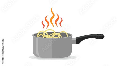 Vibrant vector illustration of onion rings gently simmering in a hot saucepan preparing a delicious meal for culinary enthusiasts