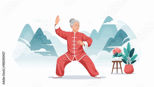 Elderly person in traditional red outfit practices Tai Chi amidst misty mountains