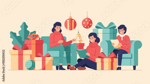Festive gathering with gifts and holiday decorations