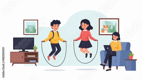 Family indoors kids jump rope, mother works on laptop