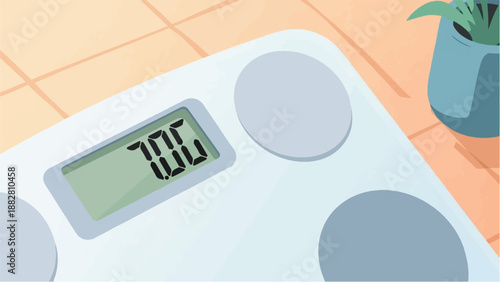 Digital bathroom scale displaying the number 70.0 on a tiled floor with a plant pot
