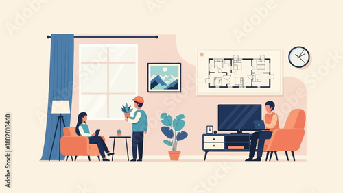 Cozy living room with people relaxing, working, and tending plants