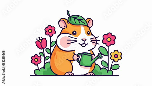 Cute cartoon hamster with watering can and flowers