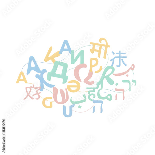 abstract colorful multilingual alphabet characters and letters collection on transparent background