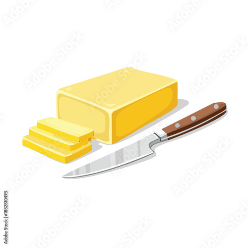 A block of butter with sliced pieces and a knife on a white surface viewed from above