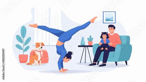 Family indoors with a dog and a woman doing a handstand