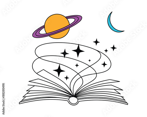 Open book with swirling lines stars planet and crescent moon pages reading story.