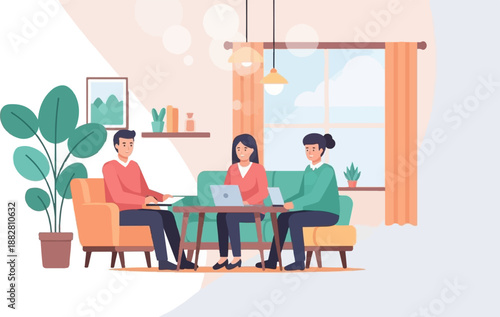 Diverse people collaborate and work on laptops in a cozy home office