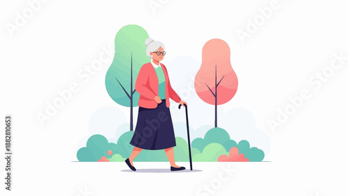 Elderly woman with cane walks through a park with trees
