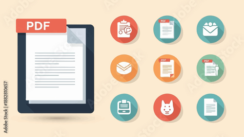 Digital document icons including PDF files, messages, and a cat face