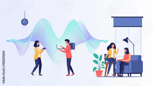 Diverse people collaborate in a modern office space with abstract data visualizations