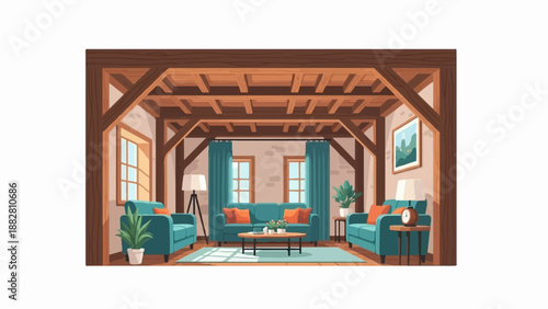 Cozy living room with teal furniture, exposed wooden beams, and natural light