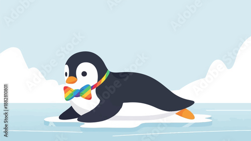 Cute cartoon penguin with rainbow bow tie on an ice floe