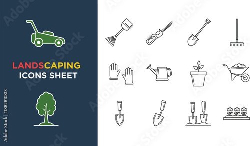 Black outline icon sheet of landscaping and gardening tools