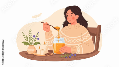 Cozy person with honey jar, candles, flowers and cinnamon stick
