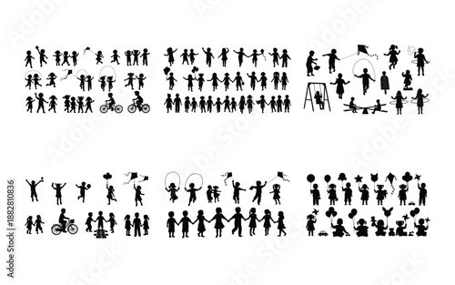 Silhouettes of children playing with toys and balloons in black and white