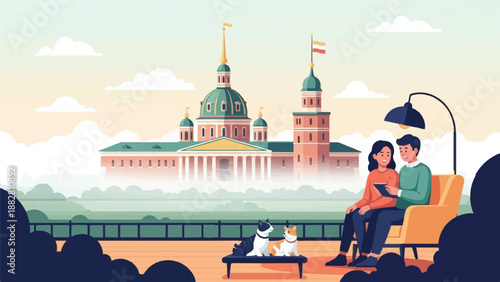 Couple with pets enjoy view of historic buildings from balcony