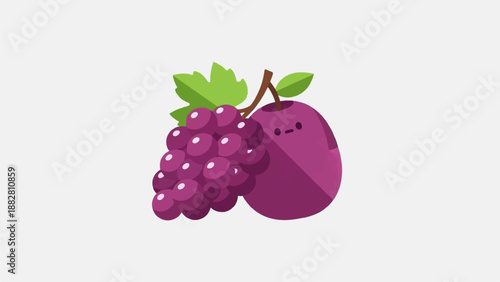 Cute cartoon plum and grapes with leaves on white background
