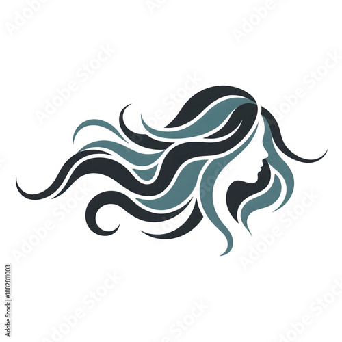 minimalist woman profile with long wavy hair silhouette on transparent background