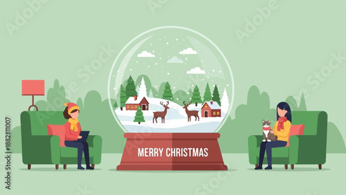 Cozy Christmas scene with people, pets, and a snow globe