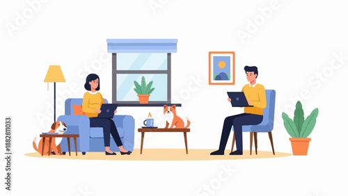 Couple with dogs work on laptops at home