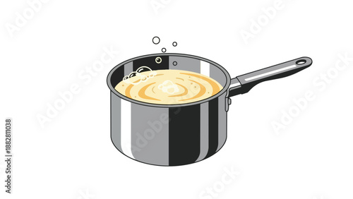 Vibrant cartoon illustration of a metallic saucepan filled with a gently bubbling, creamy liquid on a clean white background, representing culinary