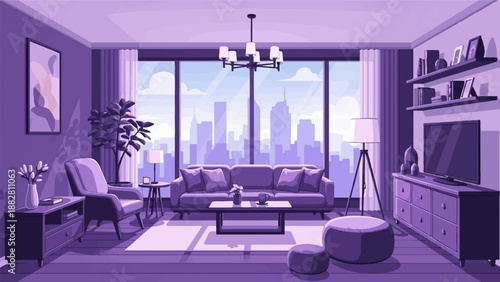 Cozy pixel art living room with city view and purple tones