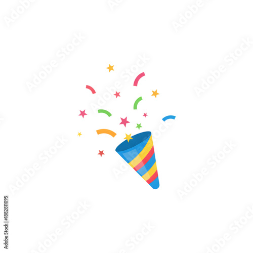 colorful party popper with confetti and stars for birthday celebration on transparent background