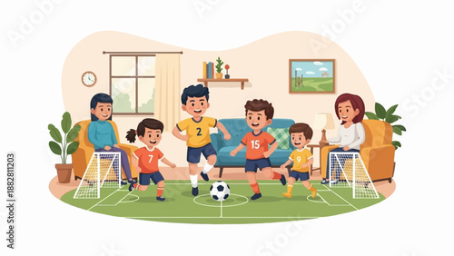 Family plays indoor soccer game with parents watching
