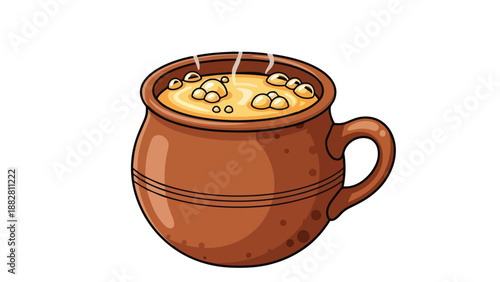 A steaming traditional earthenware mug filled with rich creamy hot beverage adorned with delicious golden floating savory morsels offering a