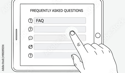 Hand interacting with faq touchscreen interface on a tablet device screen