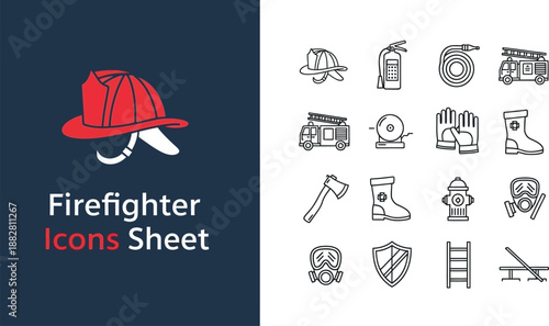 Black outline icon sheet of firefighter equipment and safety gear