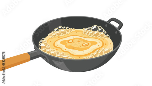 Vibrant illustration of bubbling batter cooking in a dark frying pan, capturing a moment of breakfast preparation